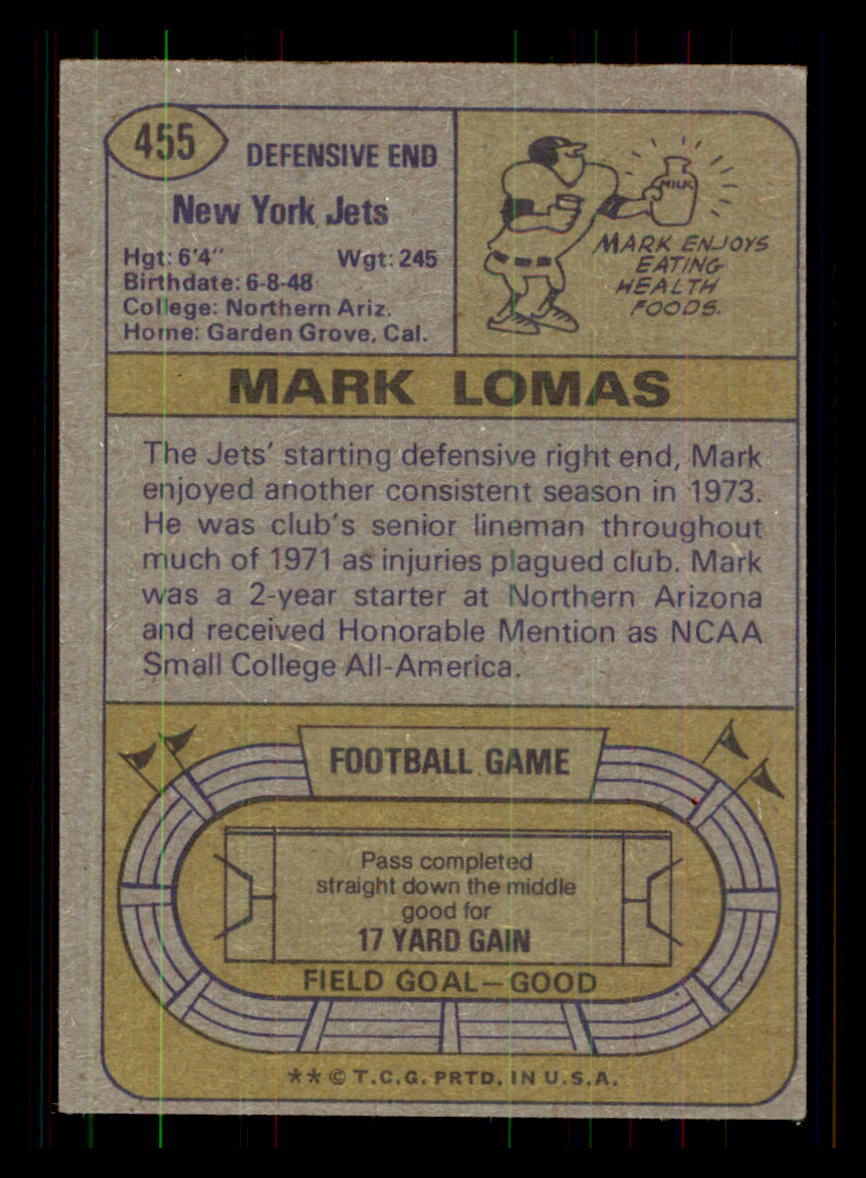 1974 Football Topps Mark Lomas New York Jets #455 2 | eBay
