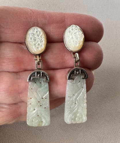 Carved Jade Sterling Silver 925 Dangling Earrings;X486