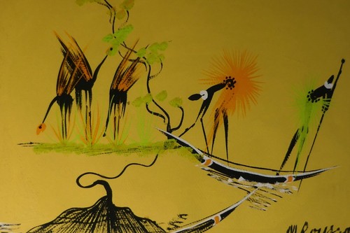 PAINTING MID CENTURY MODERN AFRICAN HUNTING THEMED SIGNED - Picture 4 of 6