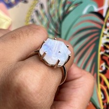 Solid 925 Sterling Silver Rainbow Moonstone Hexagon Ring Handmade Jewelry