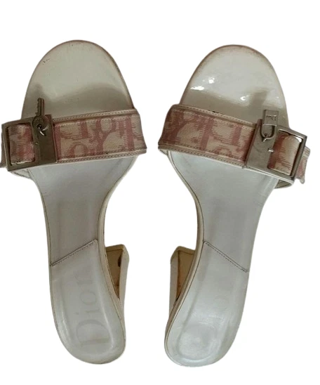 Sandale Christian Dior motif PTrotter taille 34,5 rose x blanc talon épais femme