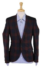 Twisted Tailor Red Blue Green Tartan Plaid Skinny 1-Btn Wool Blazer 36R