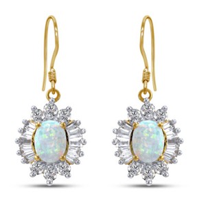 Authentic Fire Opals & Lab Created Diamond Halo Hook Earrings 14k Yellow Gold Plated 925