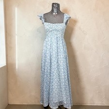 Cottagecore Smocked Chiffon Floral Maxi Dress Blue Flutter Sleeve Party Medium