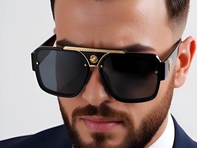 Luxury Oversized Square Sunglasses Gold Medallion Black Frame