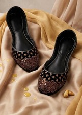 Women's Embellished Black Jutti Flats Sequined Embroidered Slip-On Khussa