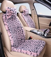 Fluffy Pink Leopard Car Seat Covers Set With 2 Neck Pillows - 6 Pcs Front Protec