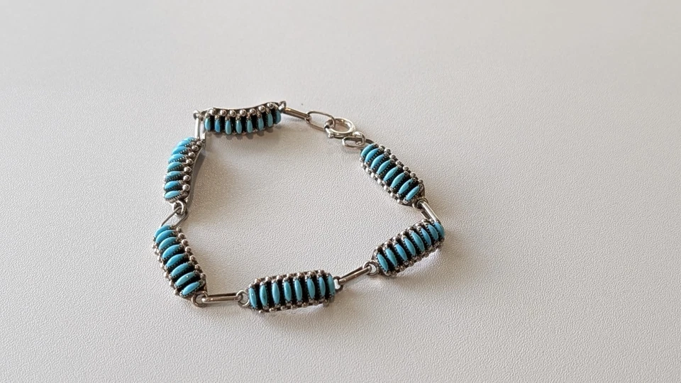 Zuni J.H. Owaleon sterling needlepoint turquoise link bracelet 7¾" 12g vintage - Image 2 of 4