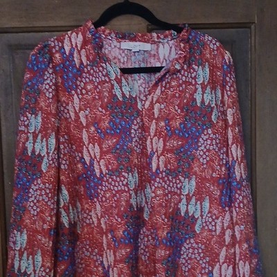 LOFT Women's L Abstract V-Neck Long Sleeve Blouse Red Blue White