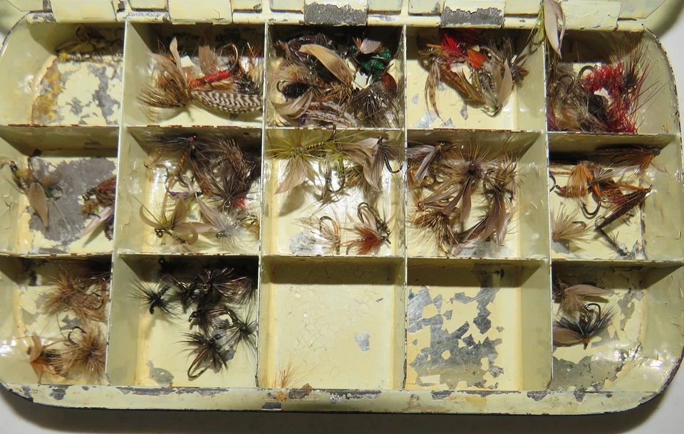 2 LATAS DE PESCA CON MOSCA CON TAPA ABATIBLE TEMPRANA + 100+ MOSCAS VINTAGE MUY PEQUEÑAS CON ANZUELOS Foto 4 de 4