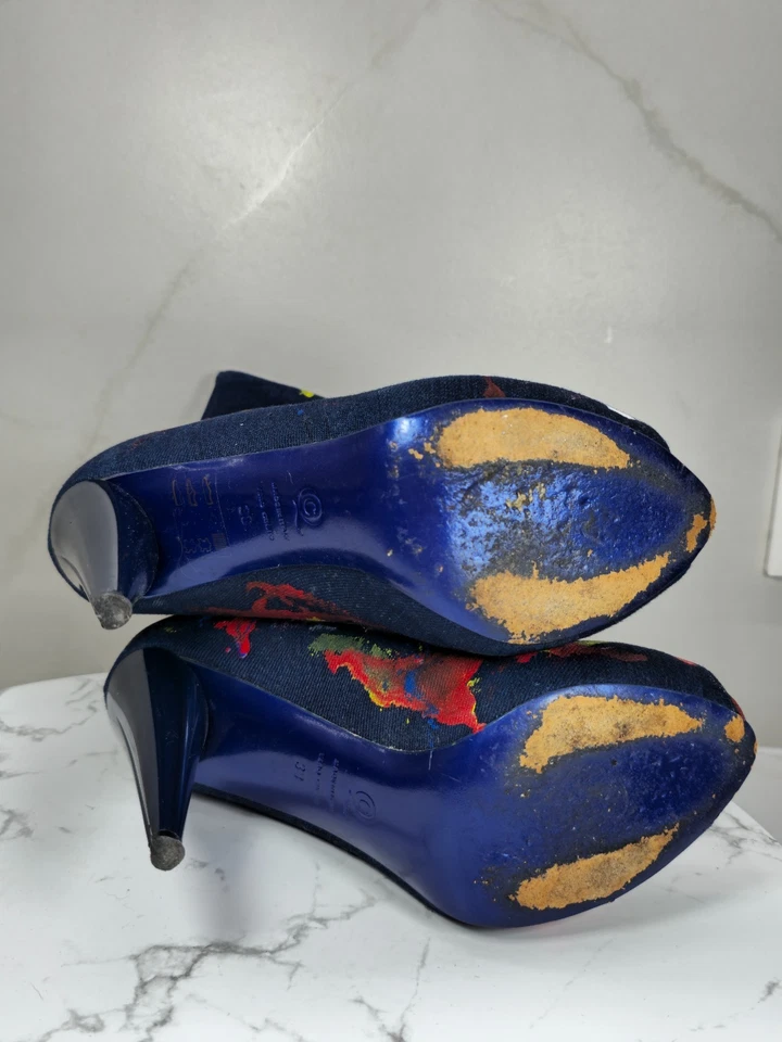 Alexander McQueen Denim Peep Toe Botas Tacón Alto Pintura Salpicaduras Arte Diseño 38 EU Foto 4 de 4