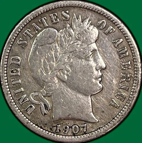 1907 Barber Dime Silver Extremely Fine XF Coin, Cleaned #33345