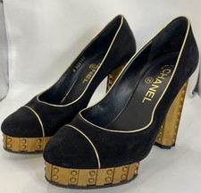 Chanel Black Suede Gold Tone Studded Platform Block Heel Pumps Size 37