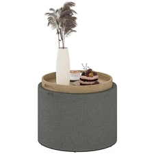 Round Storage Ottoman Coffee Table with Flip Top Tray, Linen Fabric, Dark Gray