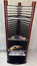 Vtg Atlantic DVD Storage Tower Rack Holds 30 DVD’s Red Wood Pillars w/ Blk Slots