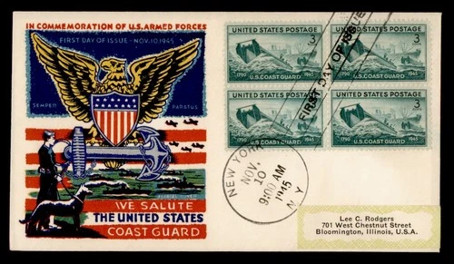 DR WHO 1945 FDC COAST GUARD BLOCK FLUEGEL CACHET WWII PATRIOTIC M80028