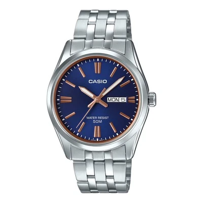 Casio Men's Silver Bracelet Analog Watch with Blue Dial - MTP