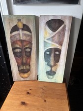 Pair Of Tribal Masks On Canvas Known As Tikar Mask (bungalow Rose)