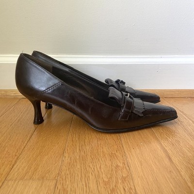 Stuart Weitzman Shoes Womens 9 M Pump Slip On Kitten Heel Brown Leather Fringed