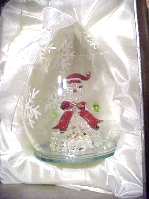 Blown Glass Christmas Snowman Ornament / Display with Changing Color Light.