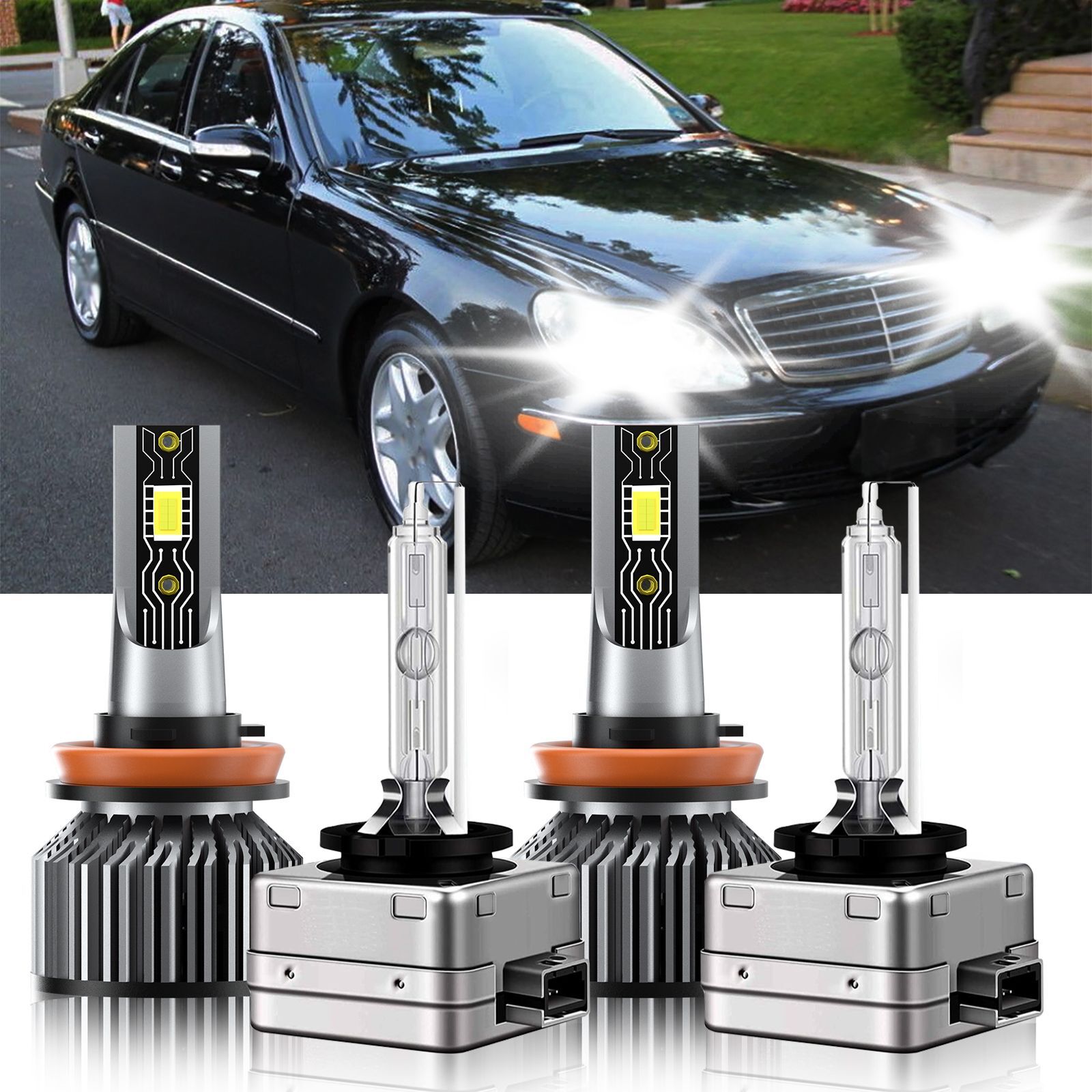 For Mercedes-Benz S350 2011-2013 4Pcs LED HID Headlight Bulbs High & Low H11+D1S