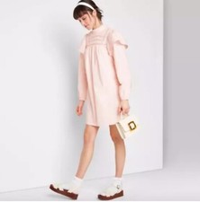 Wild Fable Women's Long Sleeve High Neck Poplin Dress Pink Dusty Peach L NWT
