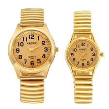 Men Women Gold Stainless Steel Elastic Band Watch Round Couple Quartz Wristwatch