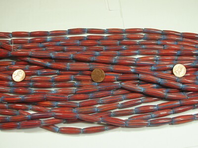 15 Strands 15'' India Handmade Long Oval Tube Red Chevron Glass Beads Lot (O-2)