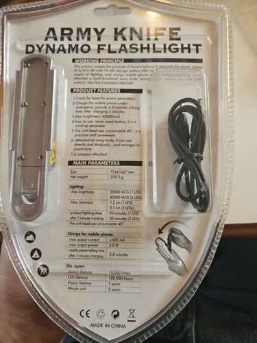 Army Knife Dynamo Flashlight: Cranking/Power, Charge Mobile Phone & Multi Knife - Picture 4 of 13