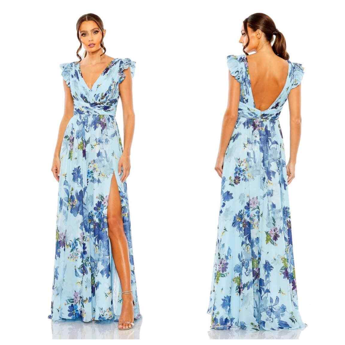 Mac Duggal ★【パーティー ドレス】Floral Flutter Sleeve Gown Mac Duggal Floral Print Flutter Sleeve Chiffon Gown Blue