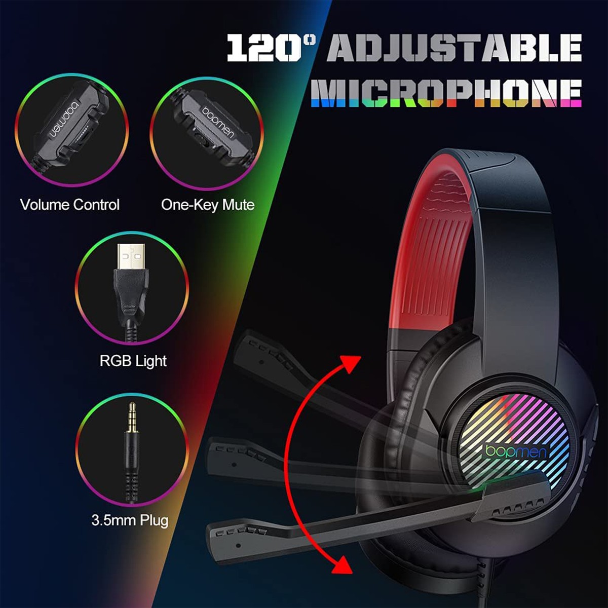 bopmen T8 USB Gaming Headset Wired Over Ear with RGB Lights (Open