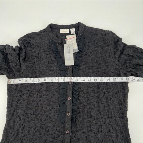 Nuevo con etiquetas Cárdigan Chico's Para Mujer Talla 1 EE. UU. M/8 Negro Encaje Arrugado Malla Volantes L/S - Imagen 5 de 16