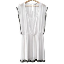 GUESS Y2K White Mini Dress Sleeveless Beaded Trim Scoop Neck Elastic Waist 00s L