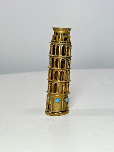 18k Gold Plated Lipstick Holder Leaning Tower of Pisa Italy Turquoise