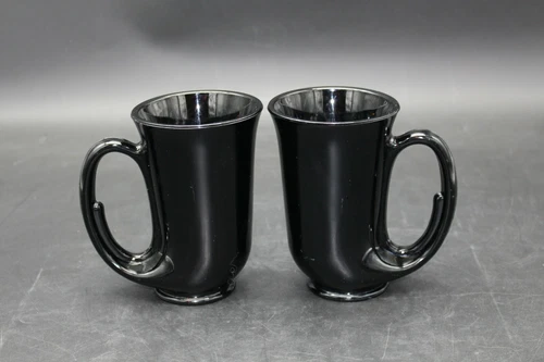 Vintage Tiara Indiana Black Glass Hunter Horn 12 oz Mugs Steins Set of Two