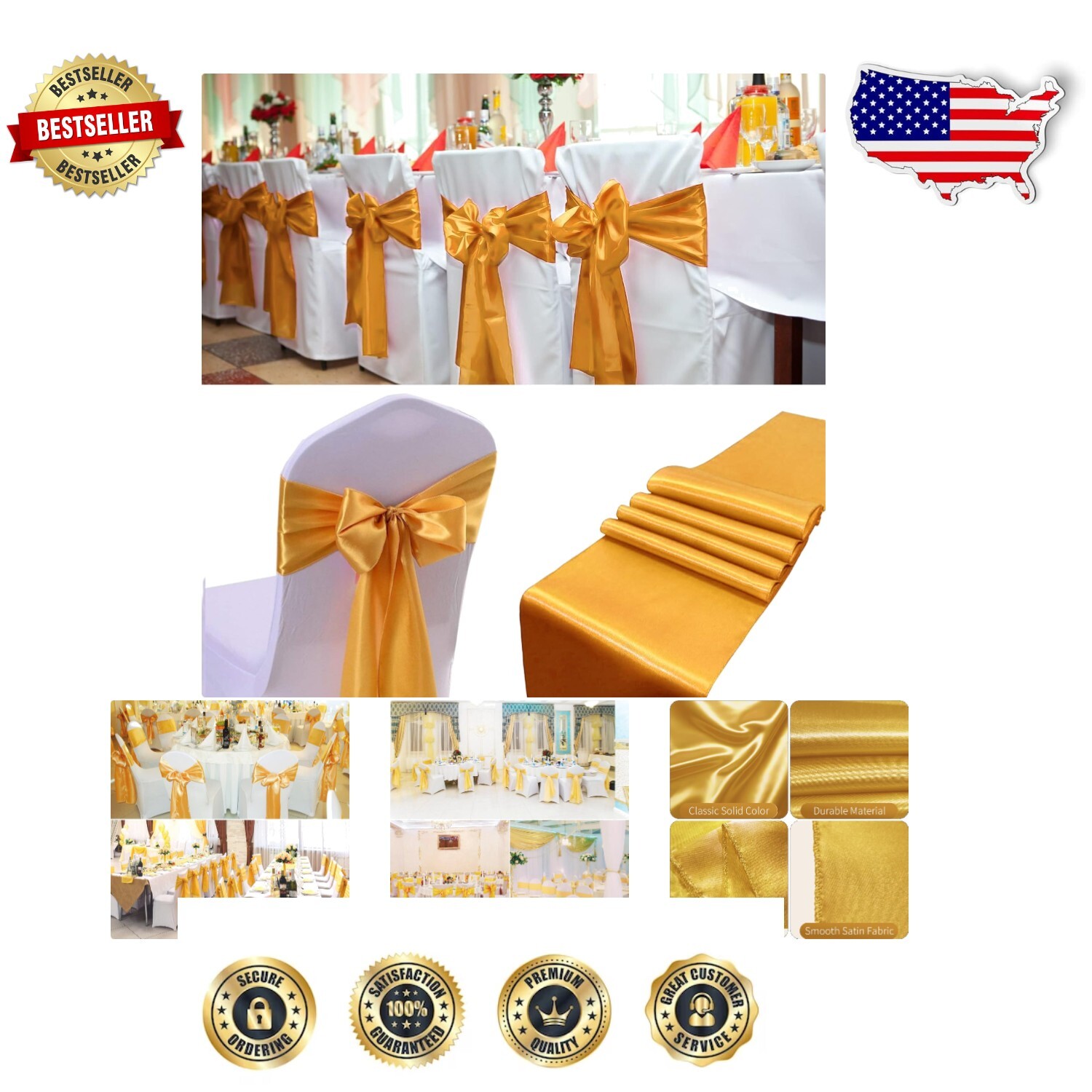 Elegant Gold Satin Chair Sashes Ties 7x108 Inch - Perfect for Weddings & Events