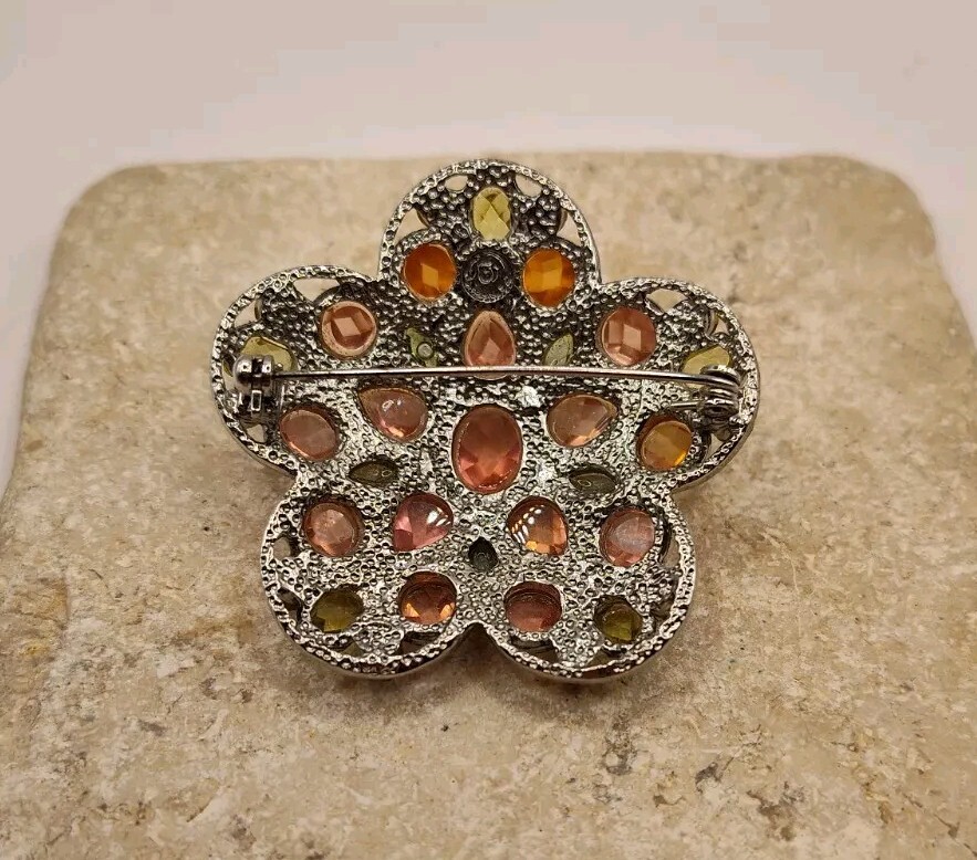Signed Multicolored Rhinestone Flower Brooch - image 7