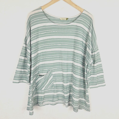 Chalet Top Womens L/XL Green & White Striped Boho Coastal Made in USA Pocket