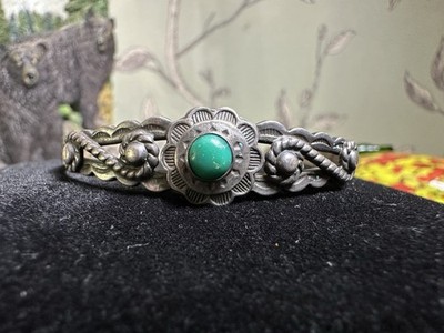 Tooled & Stamped Sterling Silver Cuff Bracelet & Green Turquoise w/ Makers Mark