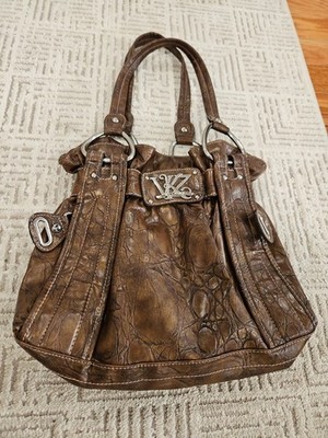Kathy Van Zeeland MED Embossed Bucket Bag Shoulder Purse Handbag Brown Faux Croc