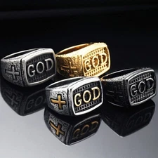 Vintage Cross GOD Square Signet Ring Stainless Steel Men's Gothic God Luck Ring