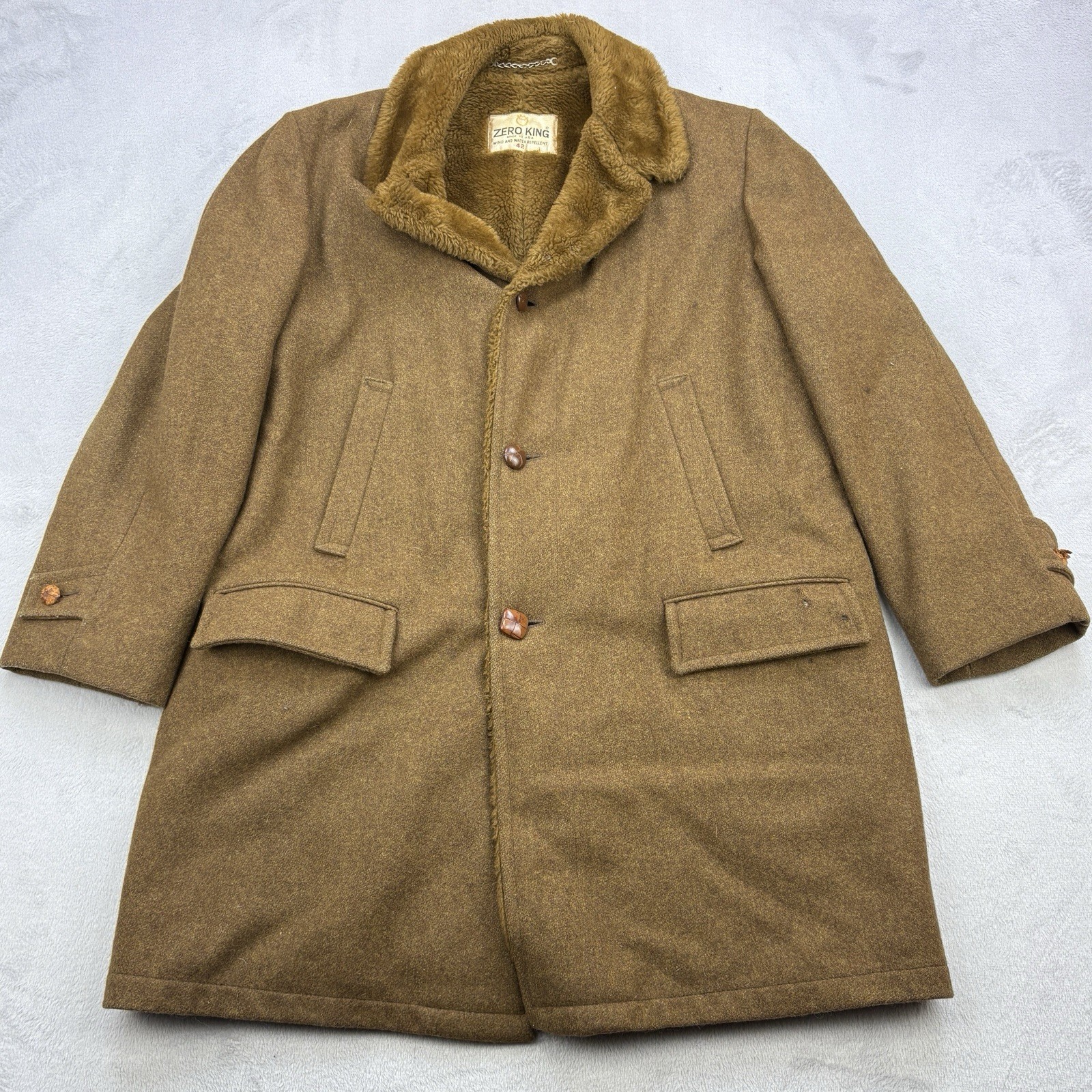 Vintage Zero King Coat Mens 42 Brown Wool Faux Fur Lined Made In USA 80s 90s