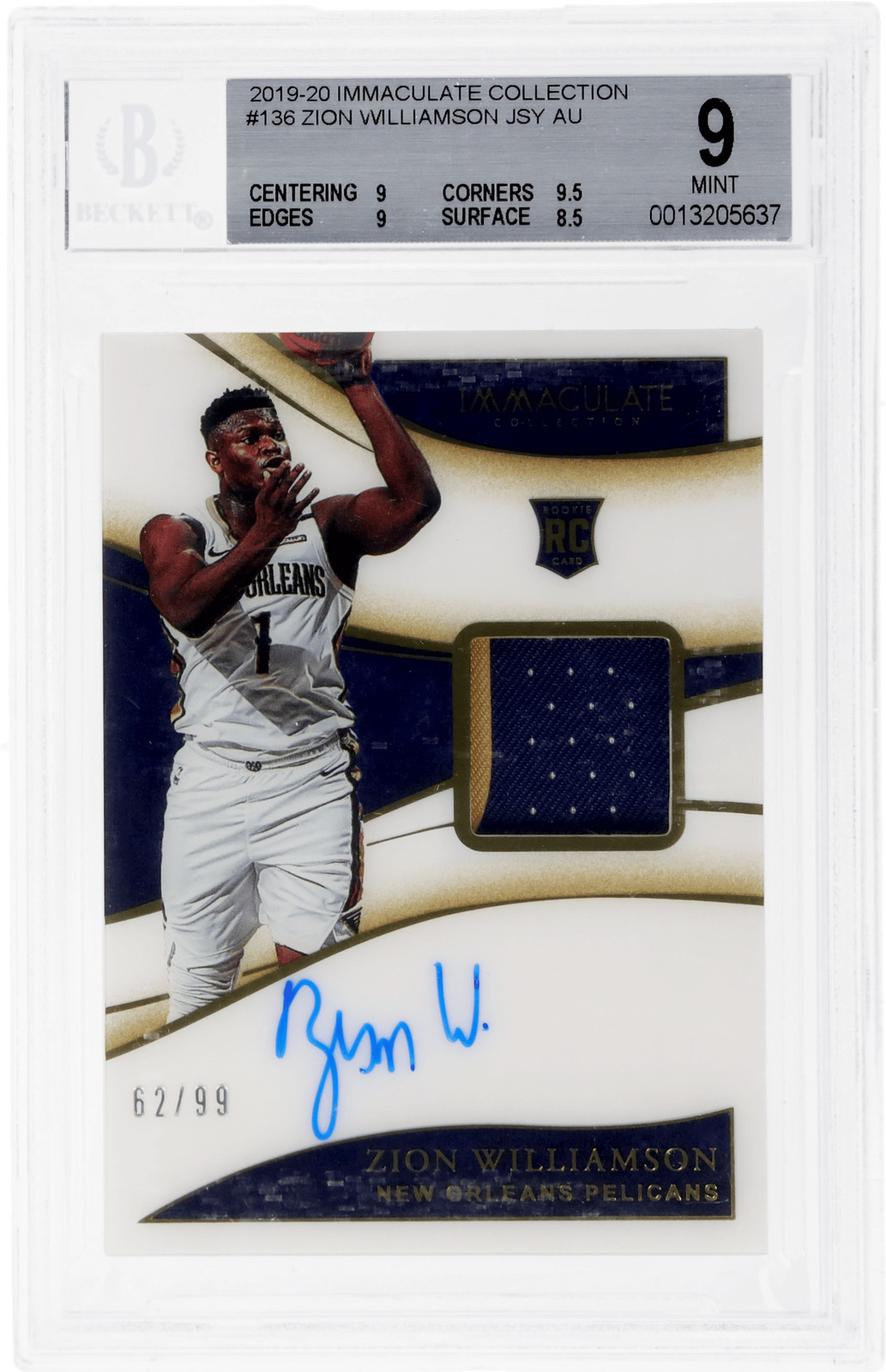 2019 Immaculate Zion Williamson Patch Auto #136 /99 BGS 9/10 Rookie RC