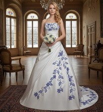 Blue Embroidery Satin A-Line Wedding Dresses Sleeveless Ruffled Bridal Gowns