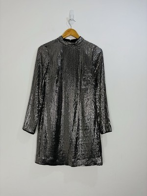 Neuwertiges Samtkleid Damen Gr. 8 silber schwarz Mini Pailletten Glitzer Etuikleid hochgeschlossen