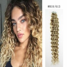 Tape in Human Hair Extensions Curly Invisible Seamless Skin Weft Remy Hair 18in