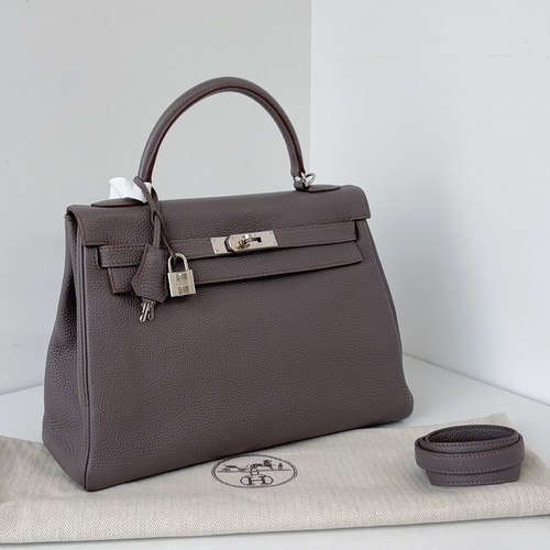 Hermes Kelly32 Togo Leather Gray Handbag Crossbody Shoulder Bag Silver Lock