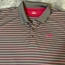 Under Armour Mens XXL HeatGear Striped Polo Shirt Grey Pink Short Sleeve 4772