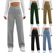 Women's Straight Leg Pants High Waisted Button Stretchy Business Work Trousers