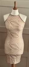 Women’s Occasion Short Strappy Nude Dress • White & Rose Gold Geometric Pattern